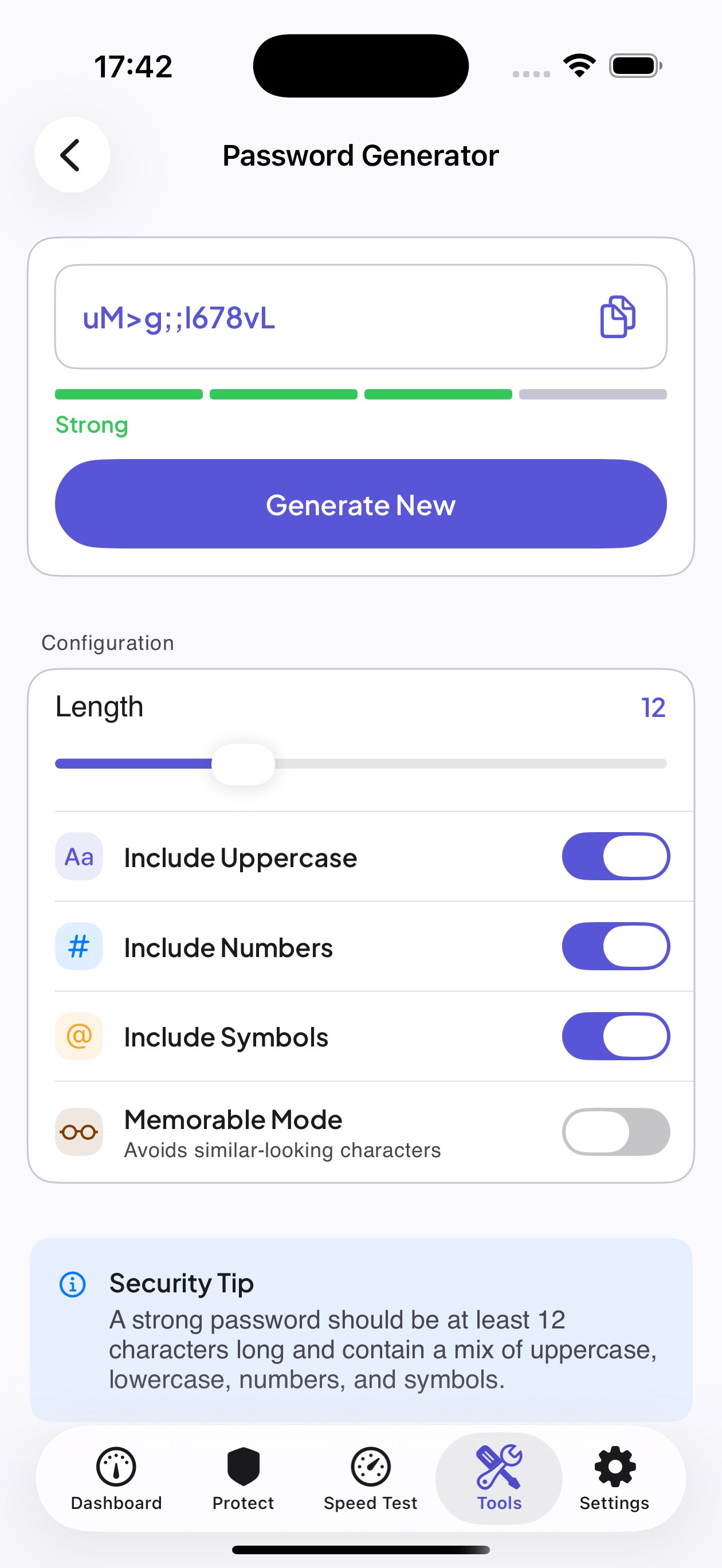 Auralink password generator screen creating a random password ready to copy