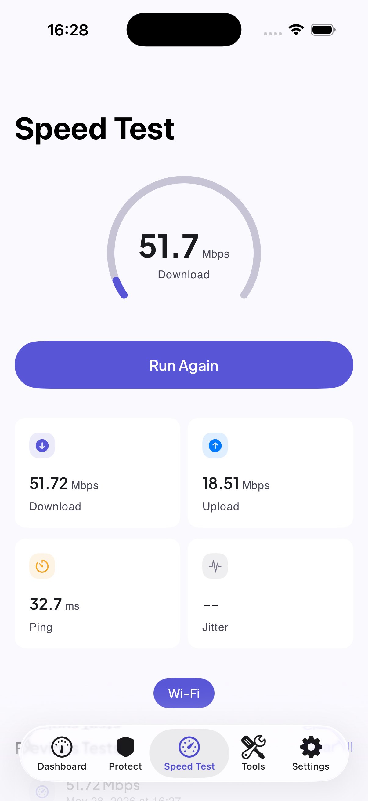 Auralink speed test screen measuring how fast the current connection is